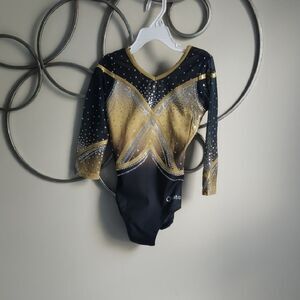 NWOT Quatro Black & Gold Kids Long-Sleeve Gymnastics Bodysuit